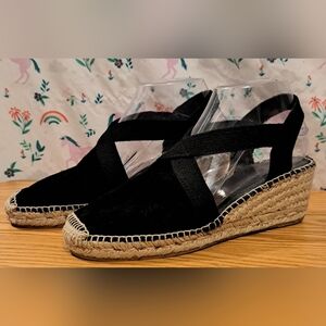 EUC Toni Pons Tona Black Suede & Tan Jute Casual Boho Wedge Sandal Shoe SZ 7.5